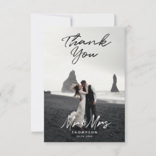 Mr. Mrs. Modern Black White Script Wedding Photo Thank You Card