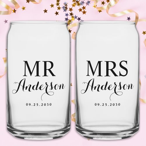 Mr  Mrs Modern Elegant Custom Name Date Wedding  Can Glass