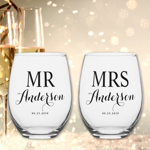 Mr  Mrs Modern Elegant Custom Name Date Wedding  Stemless Wine Glass