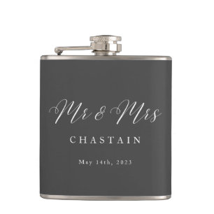 Mr & Mrs Modern Minimalist Script Couple Wedding Flask