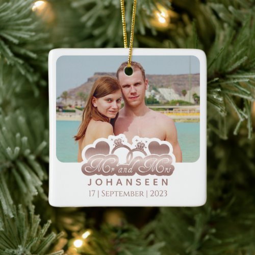 Mr  Mrs Modern Rose Gold Couple Photo Christmas Ceramic Ornament