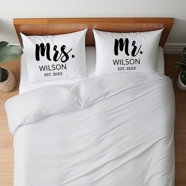 Mr & Mrs Modern Script Wedding Anniversary Couple Pillow Case (Creator Uploaded)
