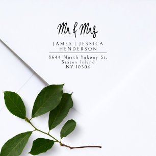 Mr & Mrs Modern Script Wedding Return Address Rubber Stamp
