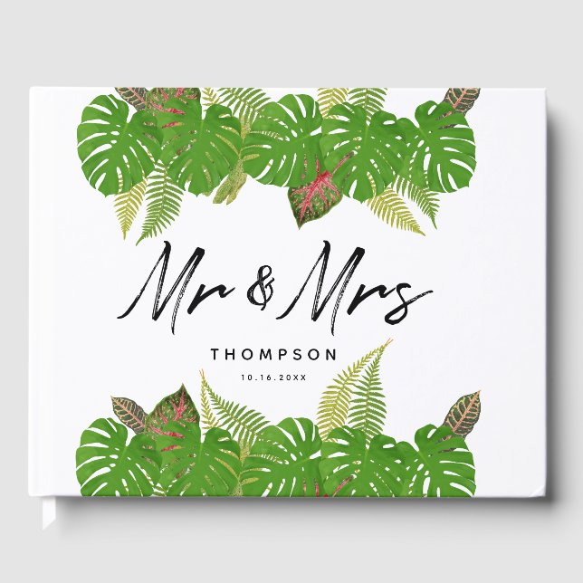 Mr. & Mrs. Modern Tropical Leaves Script Wedding  Guest Book (Front)