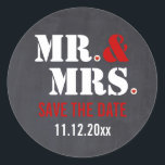Mr. & Mrs. Modern typography wedding Save the Date Classic Round Sticker<br><div class="desc">Mr. and Mrs. Modern typography black red chalkboard chalkboard wedding Save the Date sticker featuring the Mr. and Mrs. courtesy titles in white, the ampersand in red and the period in white with a red heart in it. This modern and contemporary, elegant wedding template design with has a vintage flair...</div>
