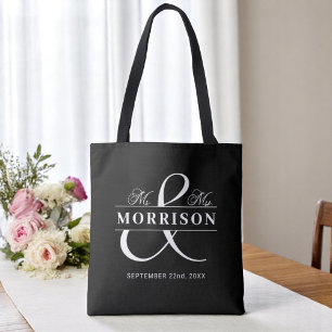 Mr Mrs Monogram Black White Wedding Tote Bag