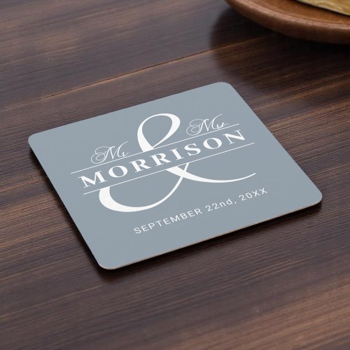 Mr Mrs Monogram Dusty Blue Wedding Square Paper Coaster