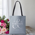 Mr Mrs Monogram Dusty Blue Wedding  Tote Bag<br><div class="desc">Bring soft, romantic charm to your celebration with our Mr. and Mrs. Monogram Dusty Blue Wedding Tote Bag. Featuring a delicate dusty blue background, elegant “Mr. & Mrs.” script, and your personalized monogram, this tote perfectly blends timeless style with practical function. Ideal for wedding welcome bags, bridal party gifts, or...</div>