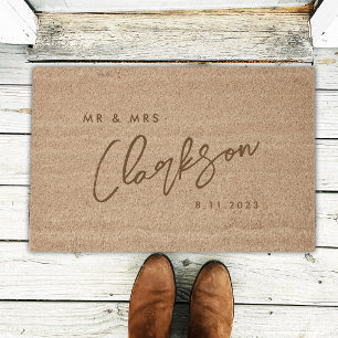 Mr Mrs Monogram Handwritten Script Modern Coir Fiber Doormat