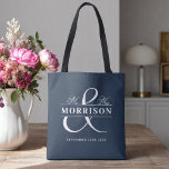 Mr Mrs Monogram Navy Blue Wedding  Tote Bag<br><div class="desc">Celebrate in timeless style with our Mr. and Mrs. Monogram Navy Blue Wedding Tote Bag. Featuring a rich navy blue background, elegant “Mr. & Mrs.” script, and your personalized monogram, this tote combines classic sophistication with practical charm. Perfect for wedding welcome bags, bridal party gifts, or guest favors, it’s a...</div>