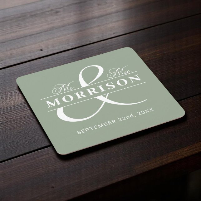 Mr Mrs Monogram Sage Green Wedding  Square Paper Coaster (Creator Uploaded)