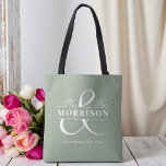 Mr Mrs Monogram Sage Green Wedding  Tote Bag<br><div class="desc">Add a fresh and personal touch to your celebration with our Mr. and Mrs. Monogram Sage Green Wedding Tote Bag. Featuring a soft sage green background, elegant “Mr. & Mrs.” script, and your custom monogram, this stylish tote is perfect for welcome bags, bridal party gifts, or guest favors. Combining modern...</div>