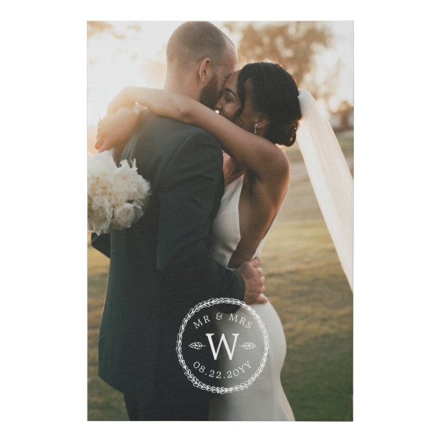 Mr & Mrs Monogram Wedding Date Wreath Photo Faux Canvas Print (Front)