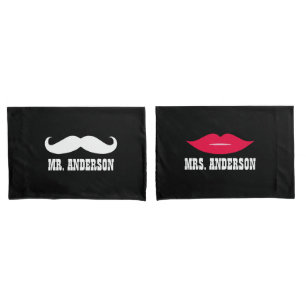 Mr & Mrs Moustache and Lips Wedding Couple Pillow Case