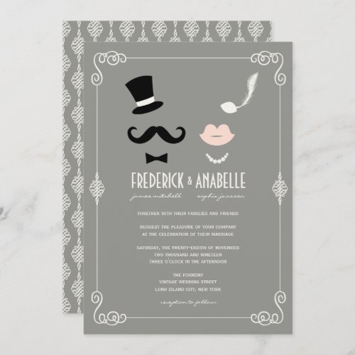 Mr  Mrs Mustache And Lips Vintage Chic Wedding Invitation