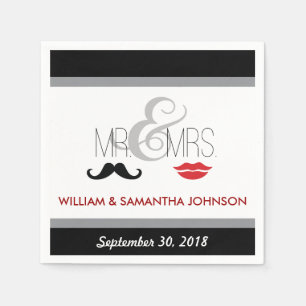 Mr. & Mrs. Mustache and Lipstick Napkins (black)