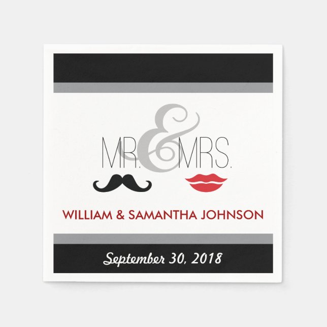 Mr. & Mrs. Mustache and Lipstick Napkins (black) (Front)