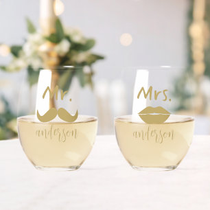 Mr & Mrs. Mustache Lips Personalized Wedding Stemless Wine Glass