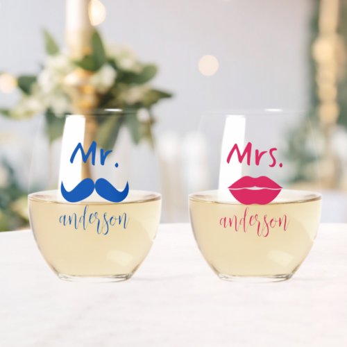 Mr  Mrs Mustache Lips Personalized Wedding  Stemless Wine Glass