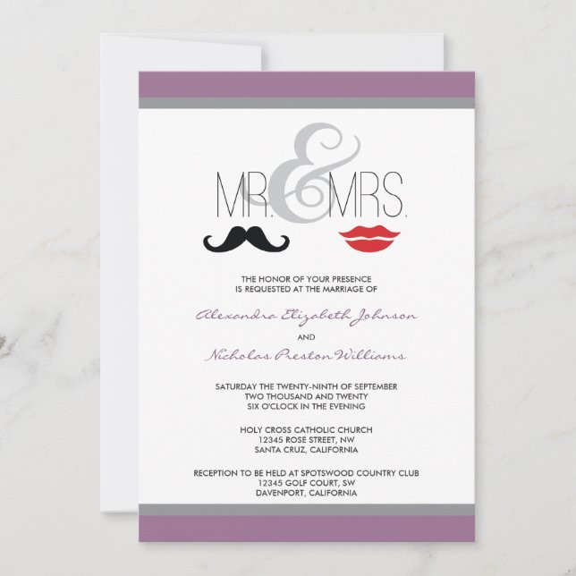 Mr. & Mrs. Mustache & Lipstick Wedding Invitation (Front)