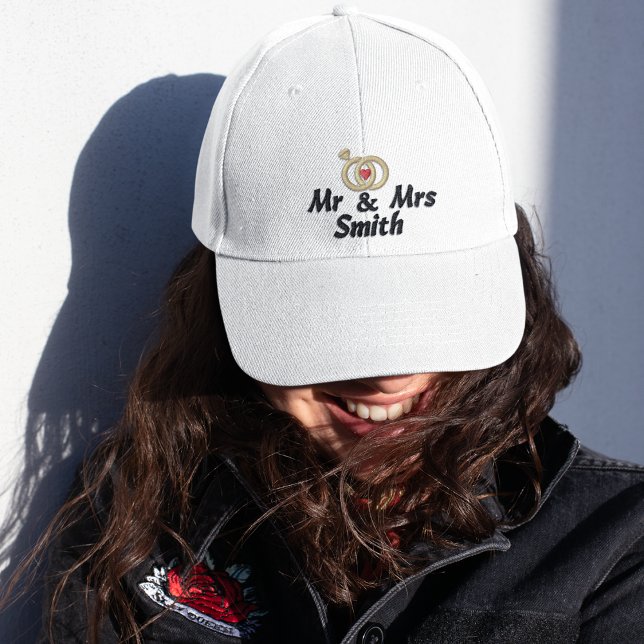 Mr & Mrs Name and Wedding Rings, Bride,Modern  Embroidered Baseball Cap (Creator Uploaded)