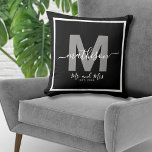 Mr Mrs Name Black Newlywed Monogram Throw Pillow<br><div class="desc">Personalized Mr. and Mrs. Monogram Throw Pillow with Year Established. This elegant newlywed pillow is the perfect way to celebrate a couple’s new life together. The design features a bold gray initial in the background, representing their last name, with "Mr. and Mrs." beautifully written beneath in chic white script calligraphy....</div>