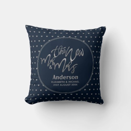 Mr  Mrs Name Date Wedding Navy Silver Hearts Throw Pillow