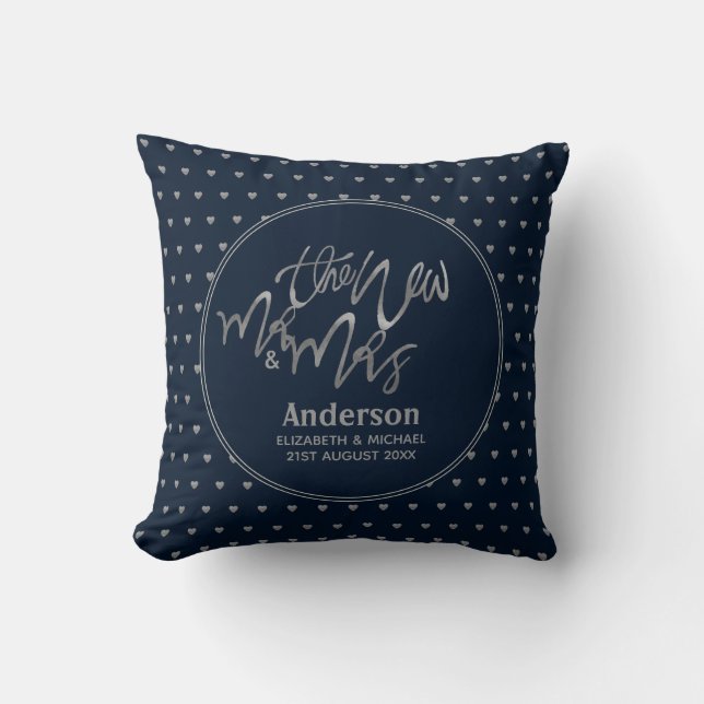Mr & Mrs (Name, Date) Wedding Navy Silver Hearts Throw Pillow (Front)