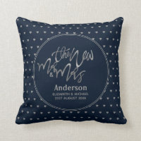 Mr & Mrs (Name, Date) Wedding Navy Silver Hearts Throw Pillow