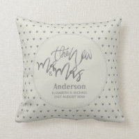 Mr & Mrs (Name, Date) Wedding Silver Gray Hearts Throw Pillow
