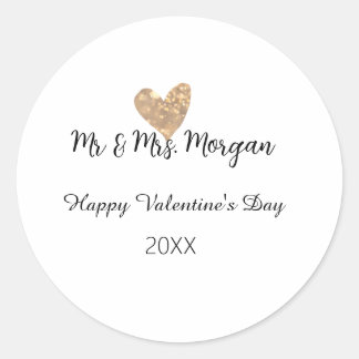 Mr & Mrs name happy Valentine's day gold heart Classic Round Sticker