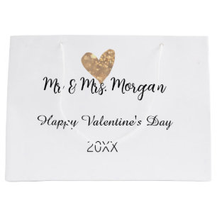 Mr & Mrs name happy Valentine's day gold heart  Large Gift Bag