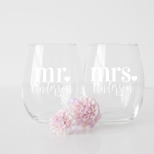 Mr  Mrs Name Personalized Wedding Stemless Wine Glass