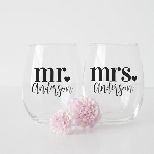Mr. & Mrs. Name Personalized Wedding Stemless Wine Glass (Creator Uploaded)