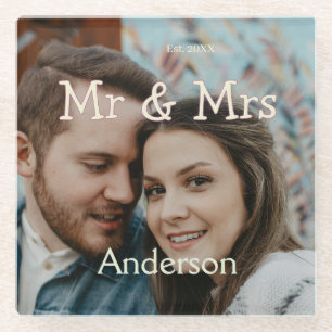 mr & mrs name photo christmas couple wedding yello glass coaster