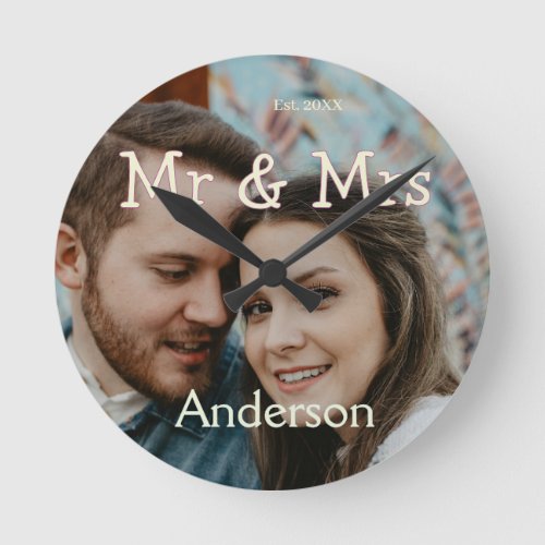 mr & mrs name photo christmas couple wedding yello round clock