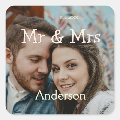 mr & mrs name photo christmas couple wedding yello square sticker