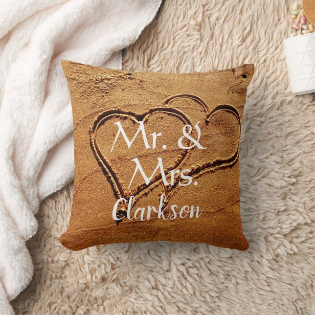Mr. & Mrs name two hearts in sand beach wedding Throw Pillow (Blanket)