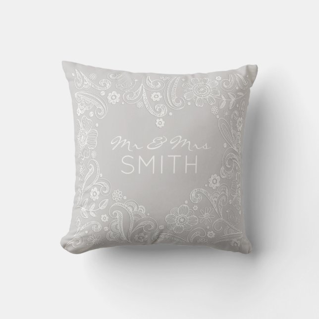 Mr & Mrs NAME Wedding Heart Doodle Art Keepsake  Throw Pillow (Front)