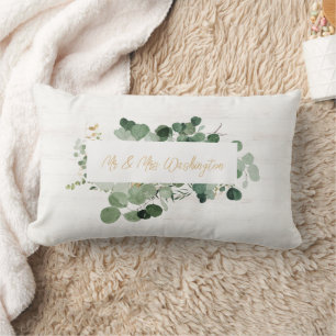 Mr & Mrs NAME Wedding Home Decor Elegant Greenery Lumbar Pillow