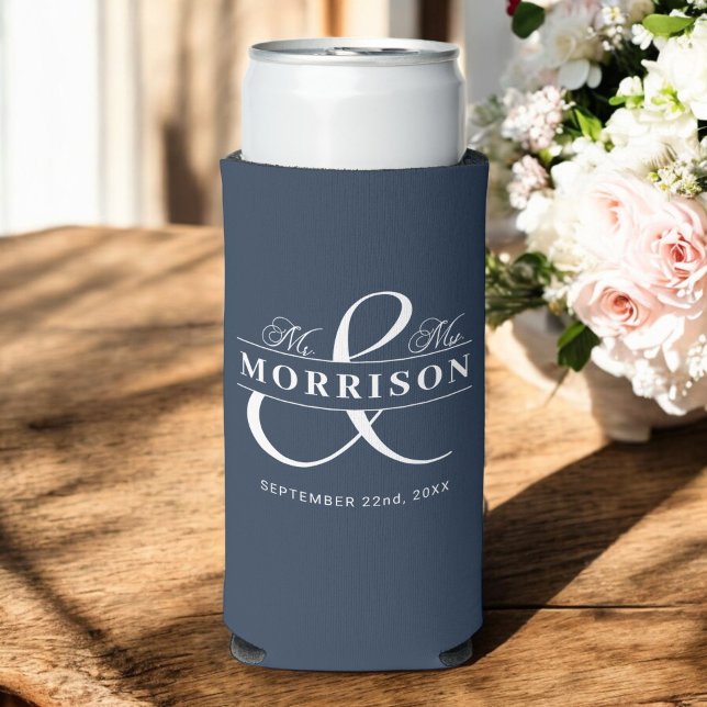  Mr Mrs Navy Blue Romantic Wedding Favor Seltzer Can Cooler (Creator Uploaded)