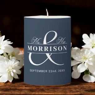 Mr Mrs Navy Blue Wedding Favor Pillar Candle