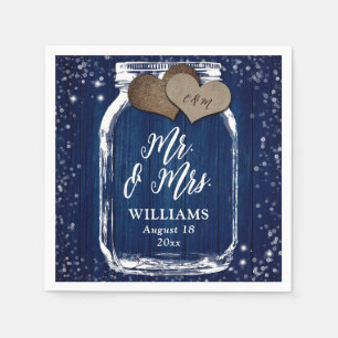 Mr. & Mrs. Navy Blue Wood Mason Jar Barn Wedding Napkins