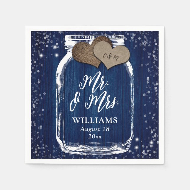 Mr. & Mrs. Navy Blue Wood Mason Jar Barn Wedding Napkins (Front)