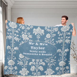 Mr & Mrs Newly Wed Dusty Blue French Country Flora Fleece Blanket