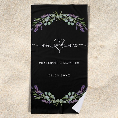 Mr mrs newly weds lavender black wedding beach towel