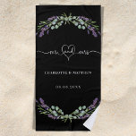 Mr mrs newly weds lavender black wedding beach towel<br><div class="desc">Decorated with mr mrs with a heart.  Black background,  whit text. Decorted with lavender flowers and eucalyptus greenery. Personalize and add your names.</div>