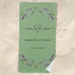 Mr mrs newly weds lavender sage green wedding beach towel<br><div class="desc">Decorated with mr mrs with a heart. A trendy sage green background. Personalize and add your names. Black text. Decorted with lavender flowers and eucalyptus greenery.</div>