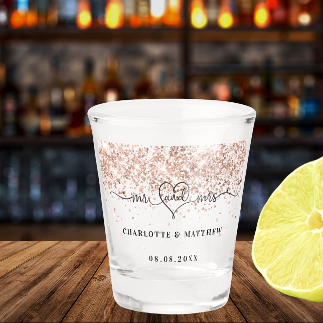 Mr mrs newly weds rose gold  sparkles wedding  shot glass (Creator Uploaded)