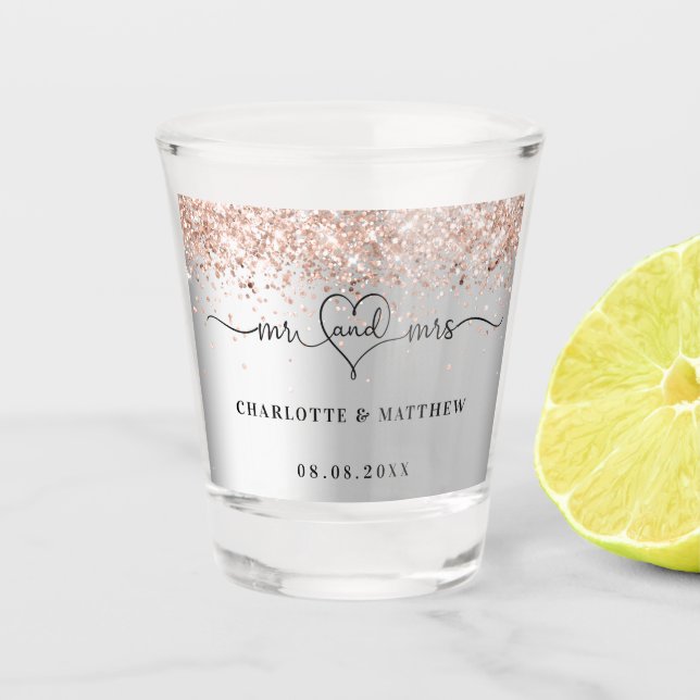 Mr mrs newly weds silver rose gold wedding shot glass (Front)
